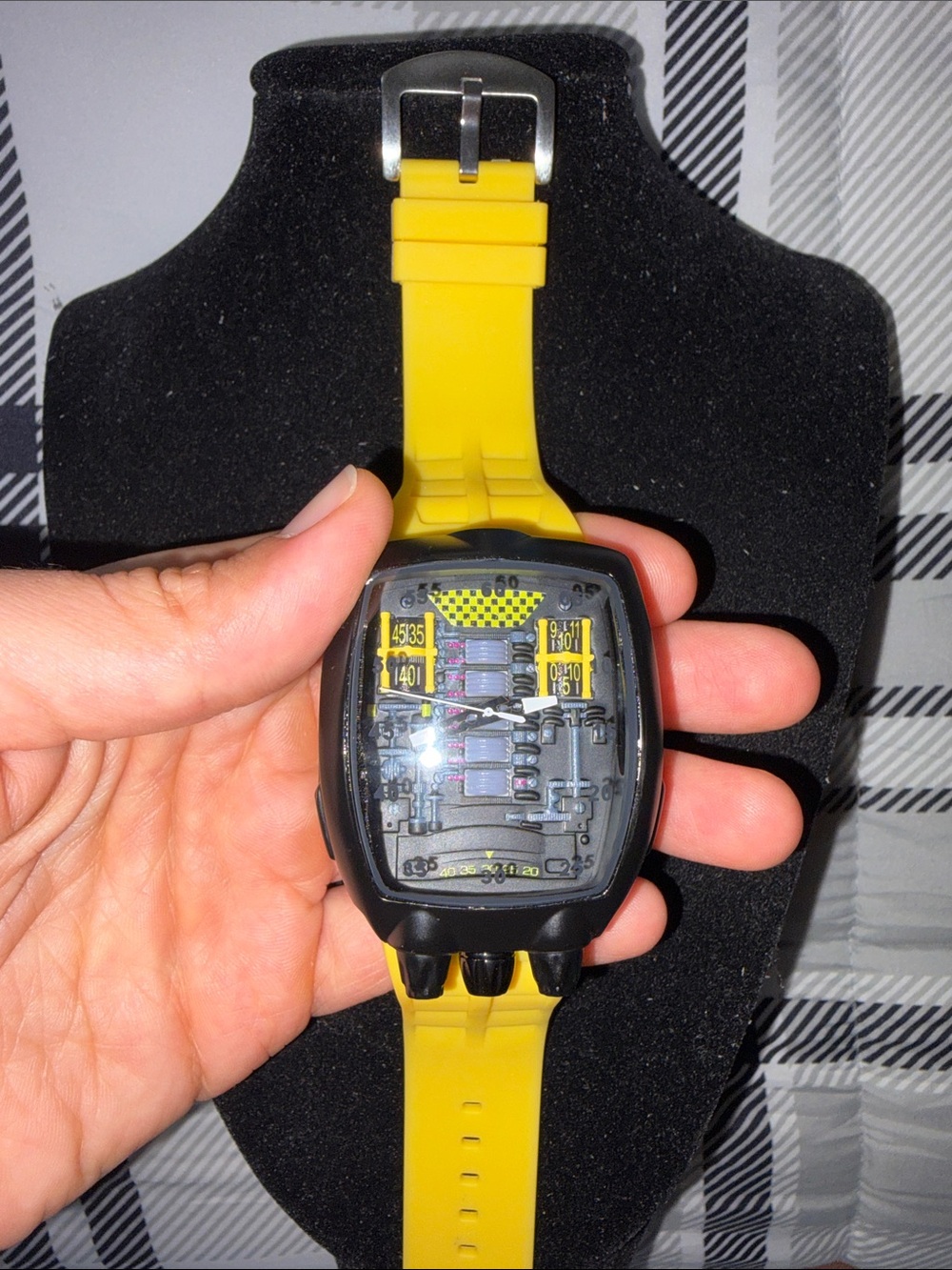 Yellow Silicone Strap with Black Car Engine design Case — Sport Tech Style